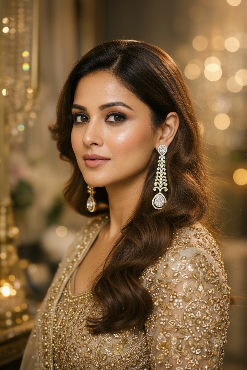 Model Wearing Gold CZ Drop Earrings Close-up