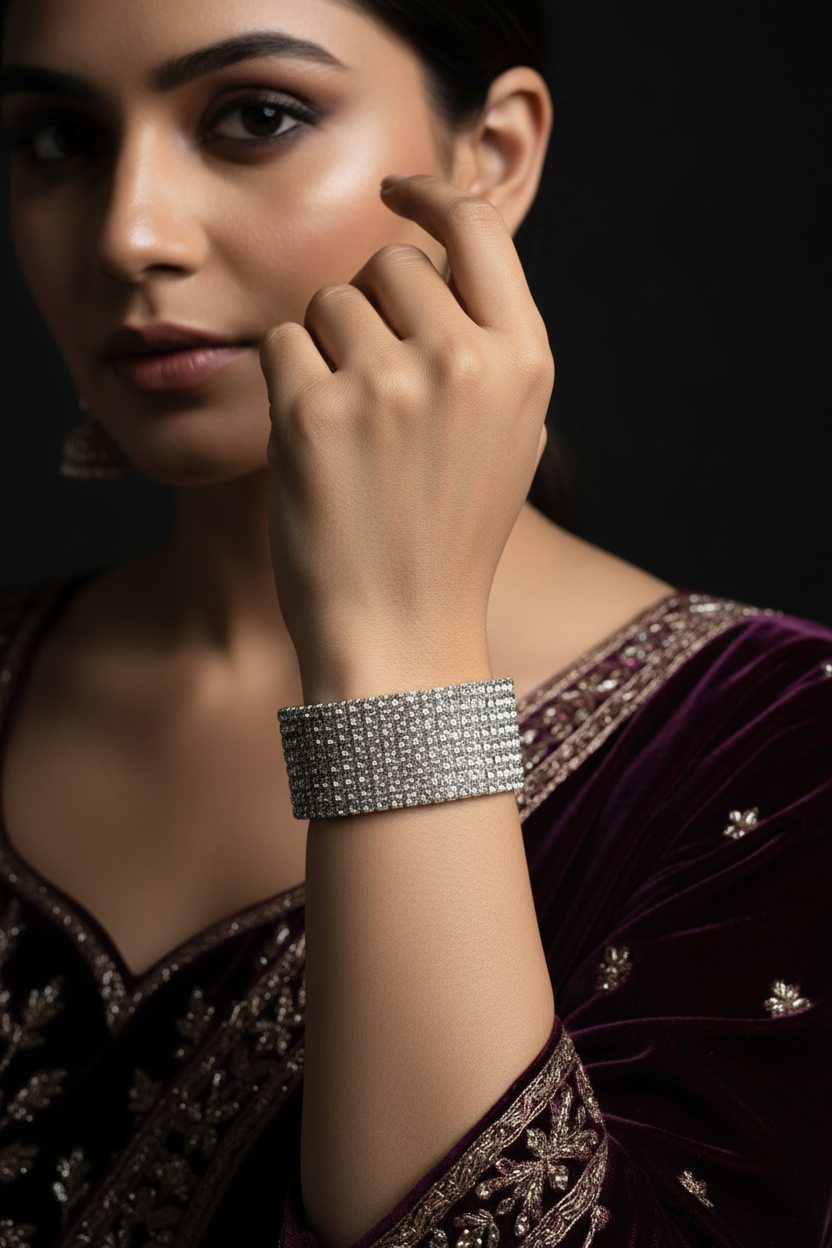 Model Wearing Silver Rhinestone Bracelet