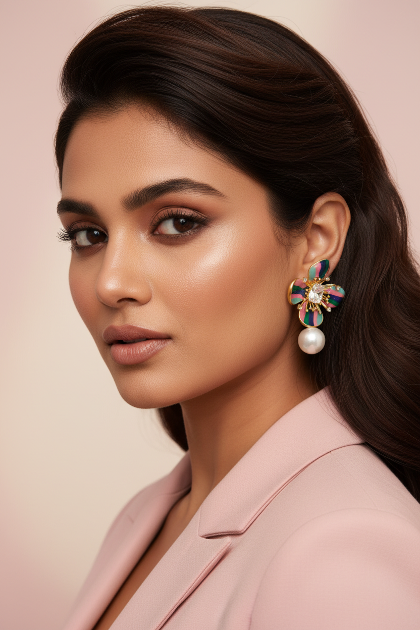 Multicolour Enamel Pearl Drop Earrings Styling