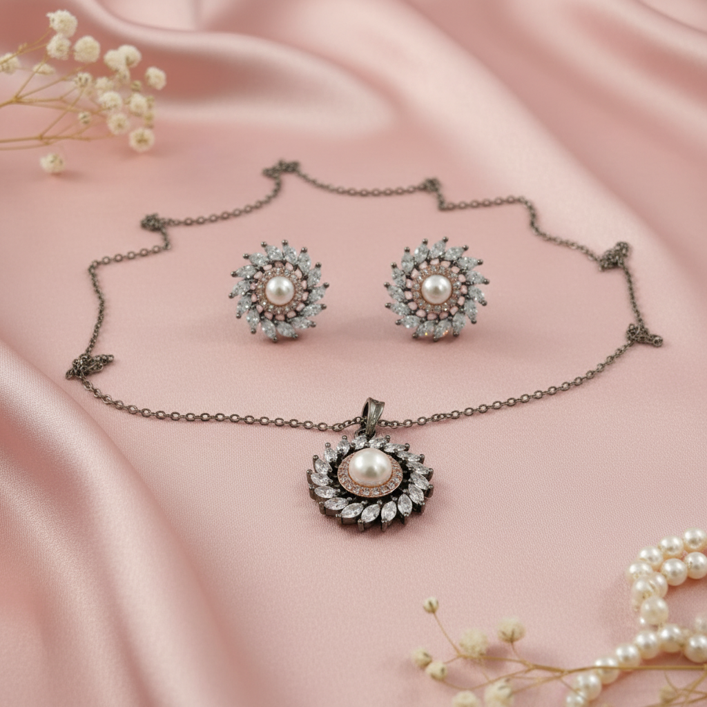 Pearl Sunburst Diamond Pendant Set