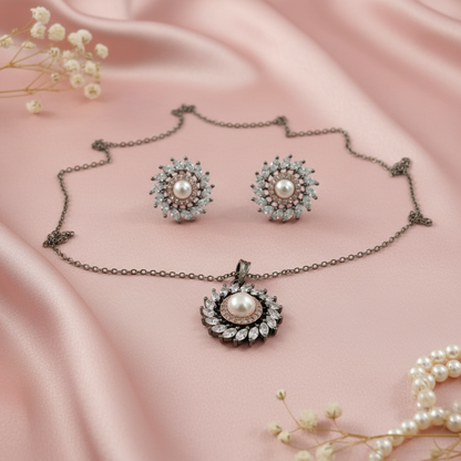 Pearl Sunburst Diamond Pendant Set