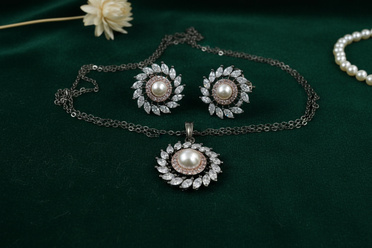 Pearl Sunburst Diamond Pendant Set