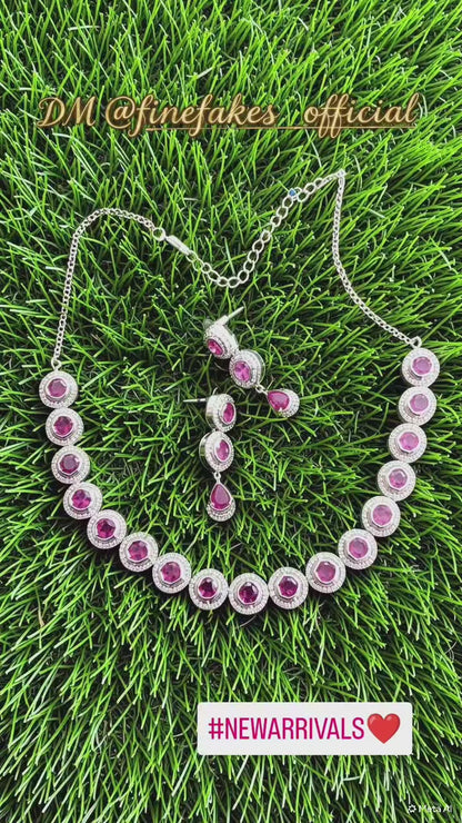 Ruby Red | Clear AD Circular Halo Necklace Set