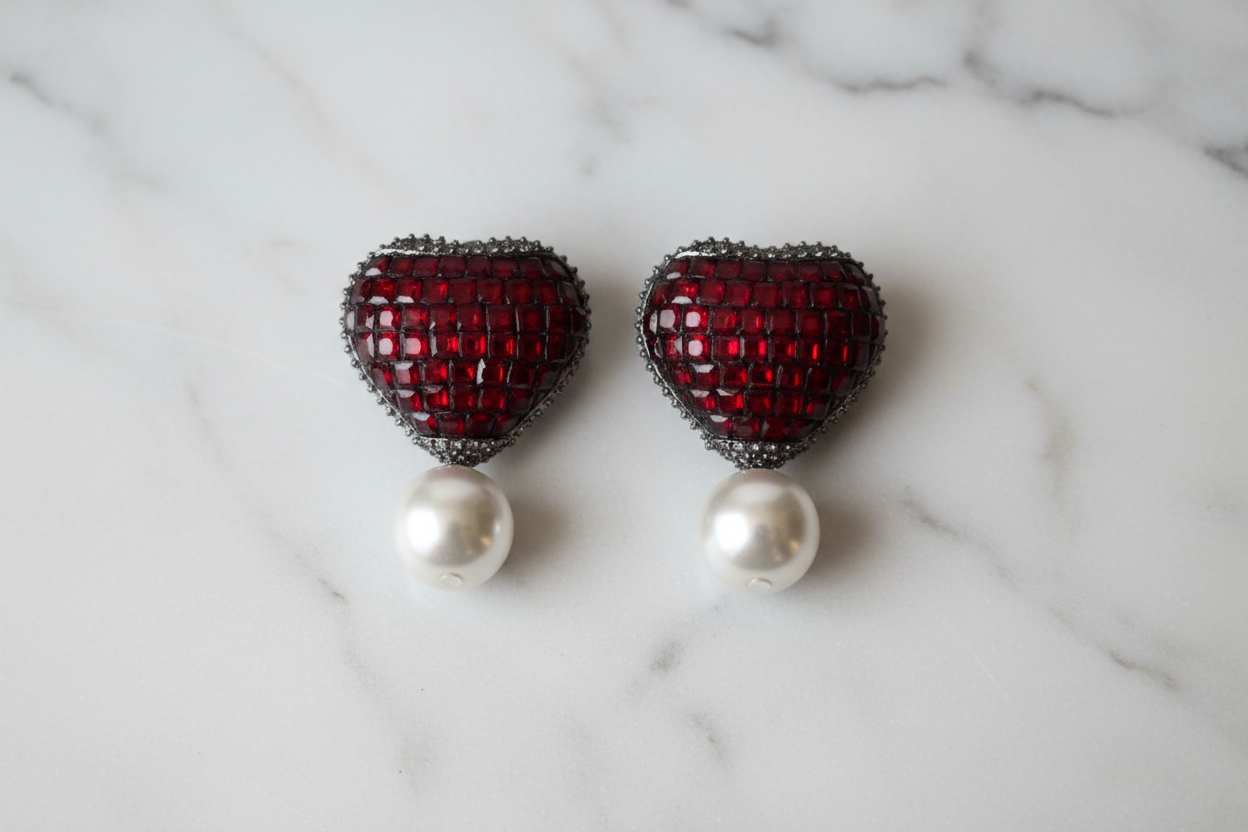 Red Mosaic Heart Pearl Drop Earrings on Marble