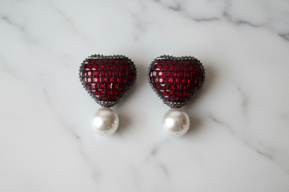 Red Mosaic Heart Pearl Drop Earrings on Marble
