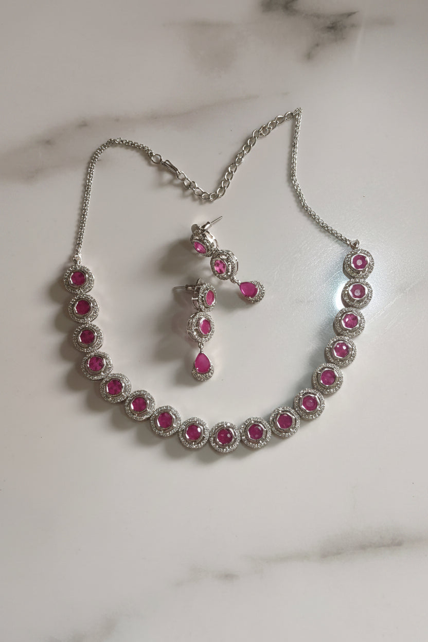 Ruby Red | Clear AD Circular Halo Necklace Set