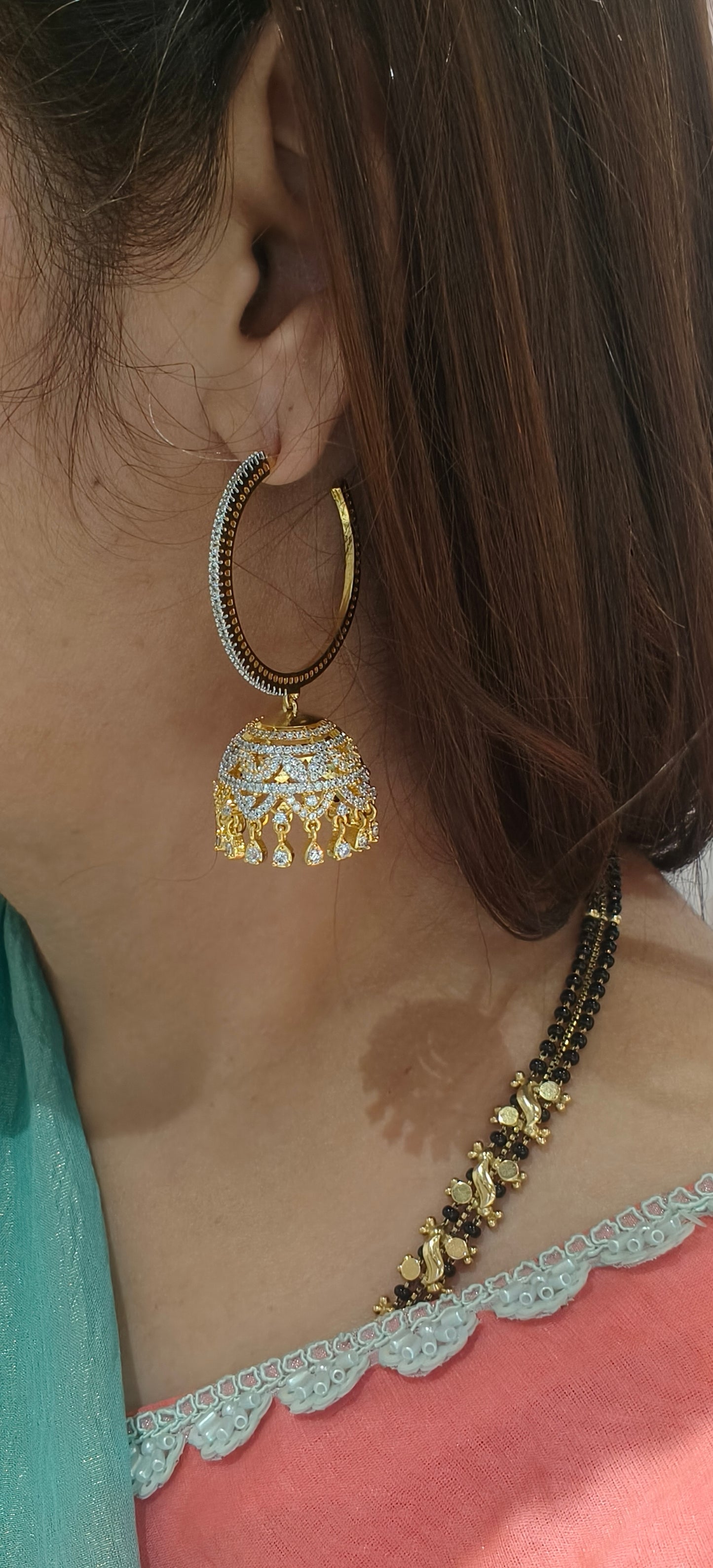 Gold Hoops Jhumkas Crystal Earrings