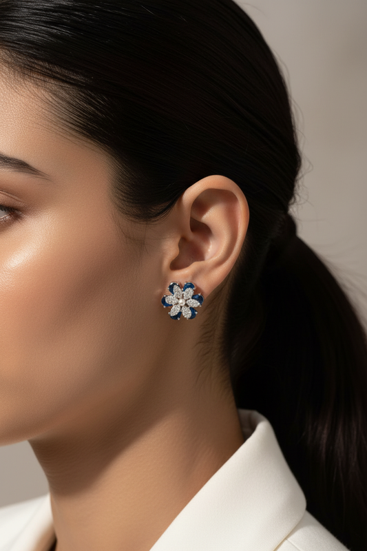 Side Profile - True Design Blue CZ Pearl Flower Stud