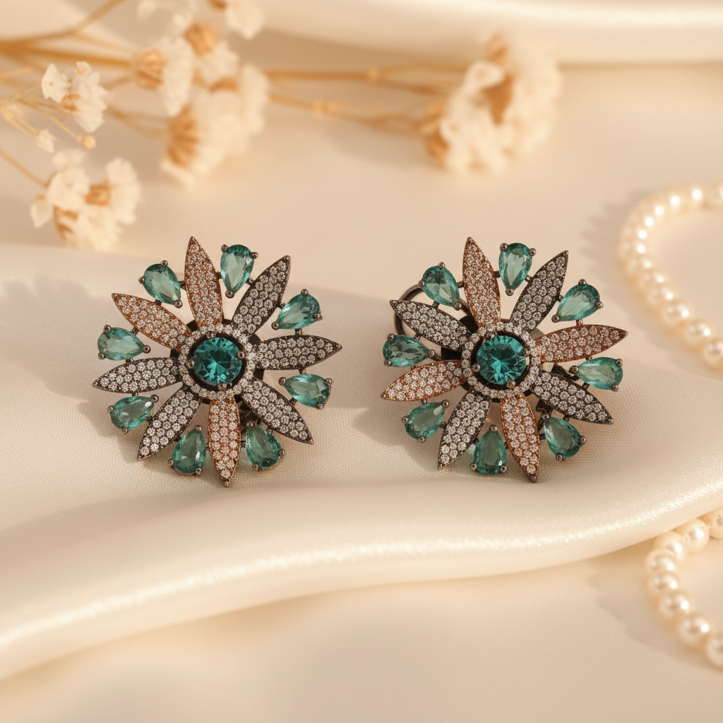Teal Starburst Pavé Studs Flat Lay
