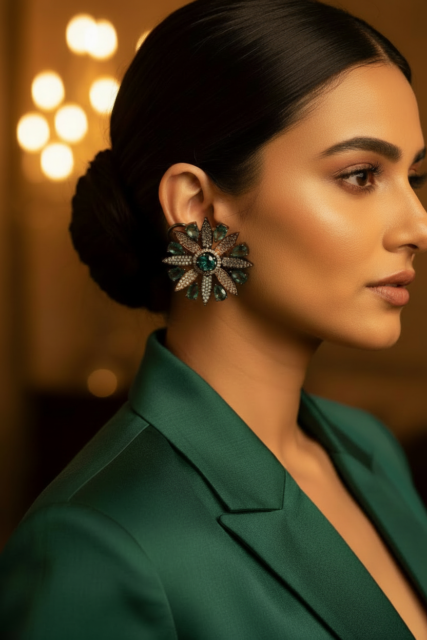 Teal Starburst Pavé Studs Lifestyle Smaller Size