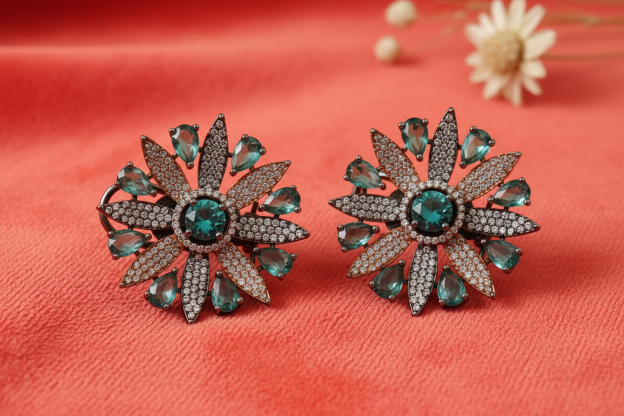 Teal Starburst Pavé Studs Textured Contrast